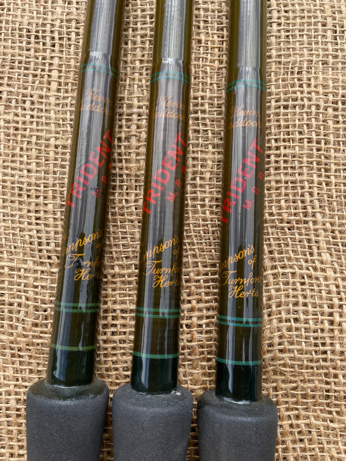 3 x Simpson’s Of Turnford Kevin Maddocks Trident M.P.R Old School Carbon Carp Fishing Rods. 12’6”. 1990s.