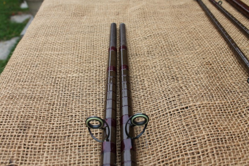 2 x Custom Vintage Glass Carp Fishing Rods With Bespoke Glass Landing Net Handle.