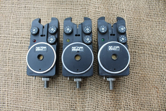 3 x Delkim Bite Alarms. Classic Original Models. Red, Yellow, Green.