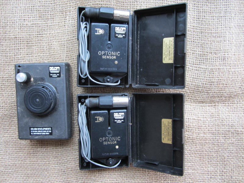 2 x Original Delkim Conversion Optonic Old School Carp Fishing Bite Alarms, With Delkim Sounder Box. 1980s.